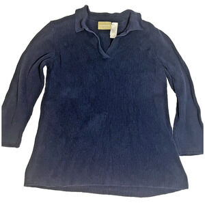 Liz Claiborne Ribbed Knit Pullover Sweater Navy Blue V-Neck Long Sleeve Women M